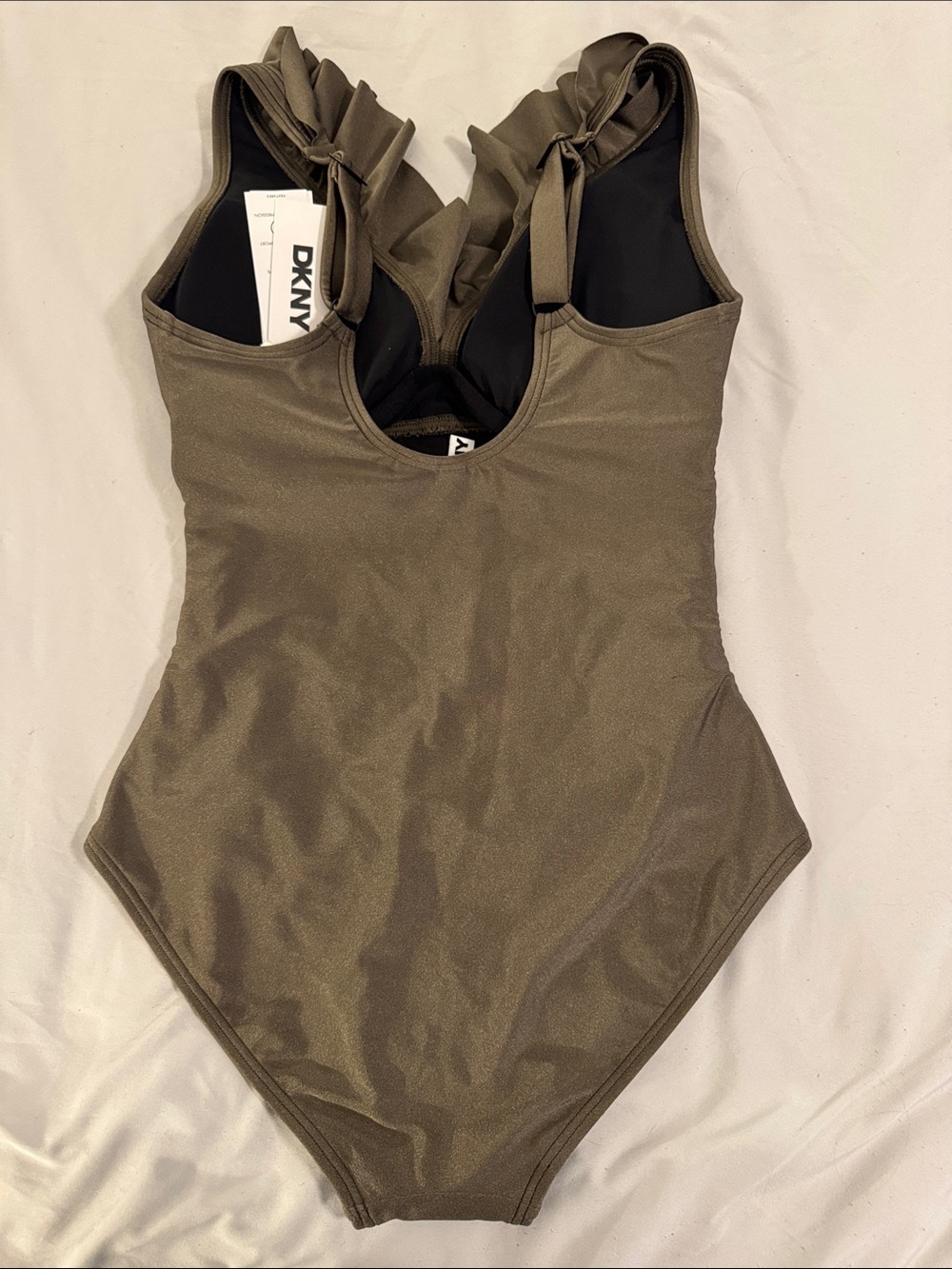 DKNY Ruched Olive Green One-Piece Swimsuit with Ruffle V-Neck - Picture 8 of 11
